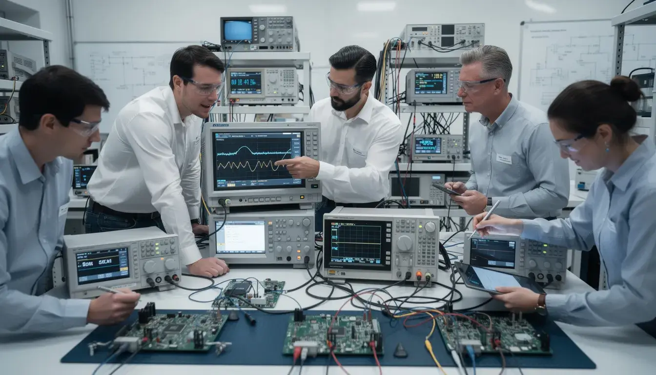 engineers are closely examining electronic test equipment and measurement displays